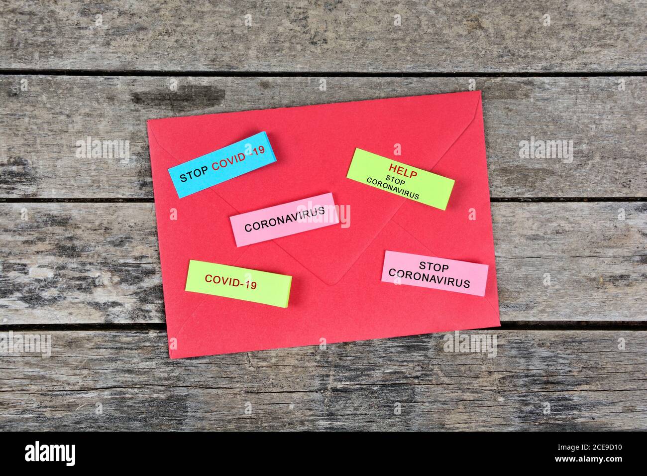 Stop coronavirus words on colorful notes. Top view Stock Photo