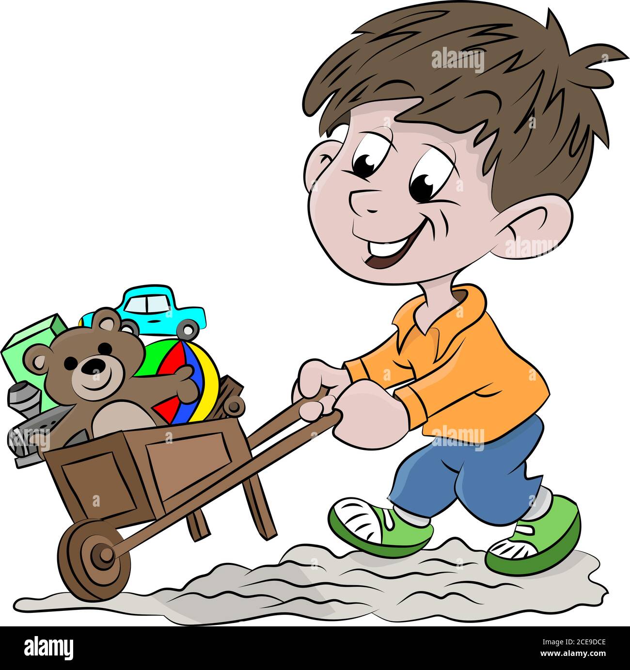 Cartoon boy carrying his toys with a wheel borrow vector illustration Stock Vector