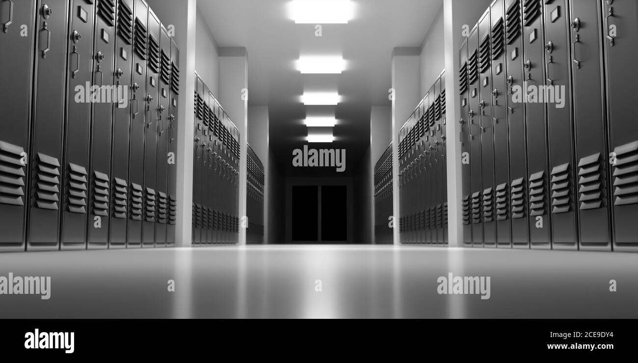 High school lobby with gray silver color lockers, perspective view. Students storage cabinets, closed metal doors, gray color room interior background Stock Photo
