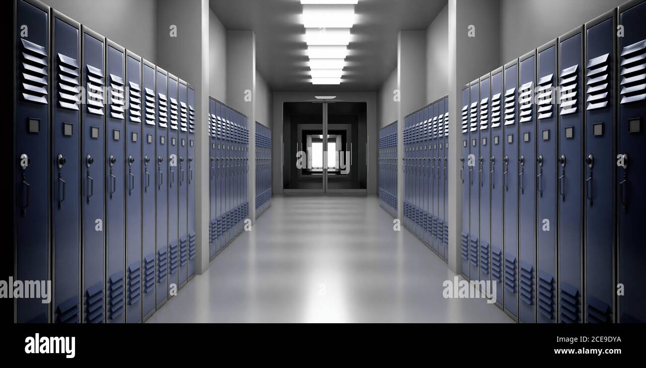 High school lobby with blue color lockers, perspective view. Students storage cabinets, closed metal doors, gray color room interior background. 3d il Stock Photo
