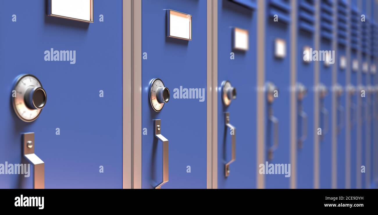 School, gym lockers closeup, perspective view. Students storage cabinets, blue color, closed metal door detail with combination lock and blank white t Stock Photo