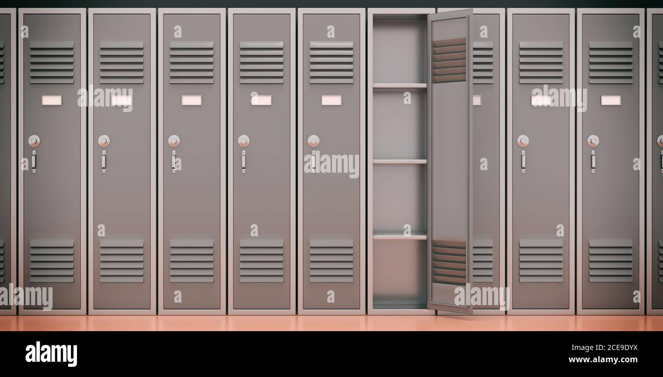 School, gym lockers, one open door empty. Students storage cabinets, gray color, closed metal doors with combination locks on pastel color floor backg Stock Photo