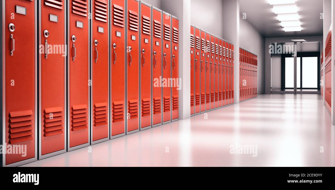 High school lobby with red color lockers, perspective view. Students  storage cabinets, closed metal doors, gray color room interior background.  3d ill Stock Photo - Alamy