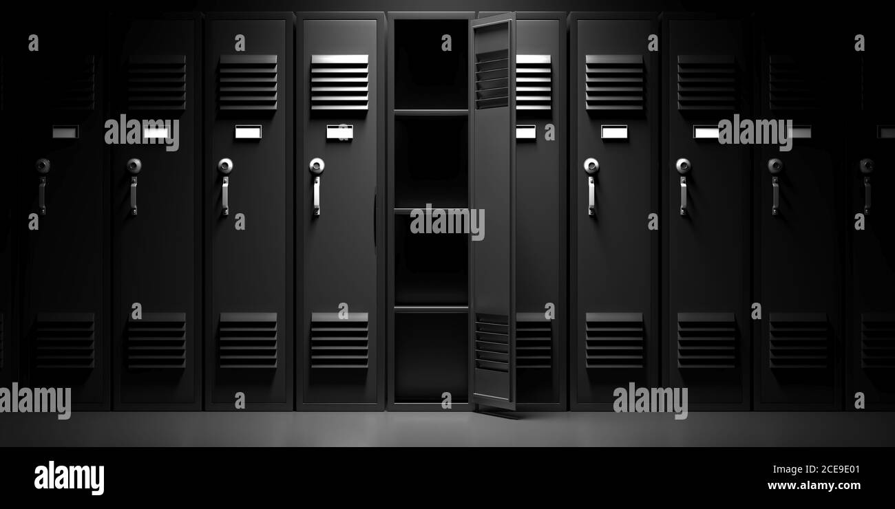 School, gym lockers, one open door empty. Students storage cabinets, black color, closed metal doors with combination locks on gray color floor backgr Stock Photo