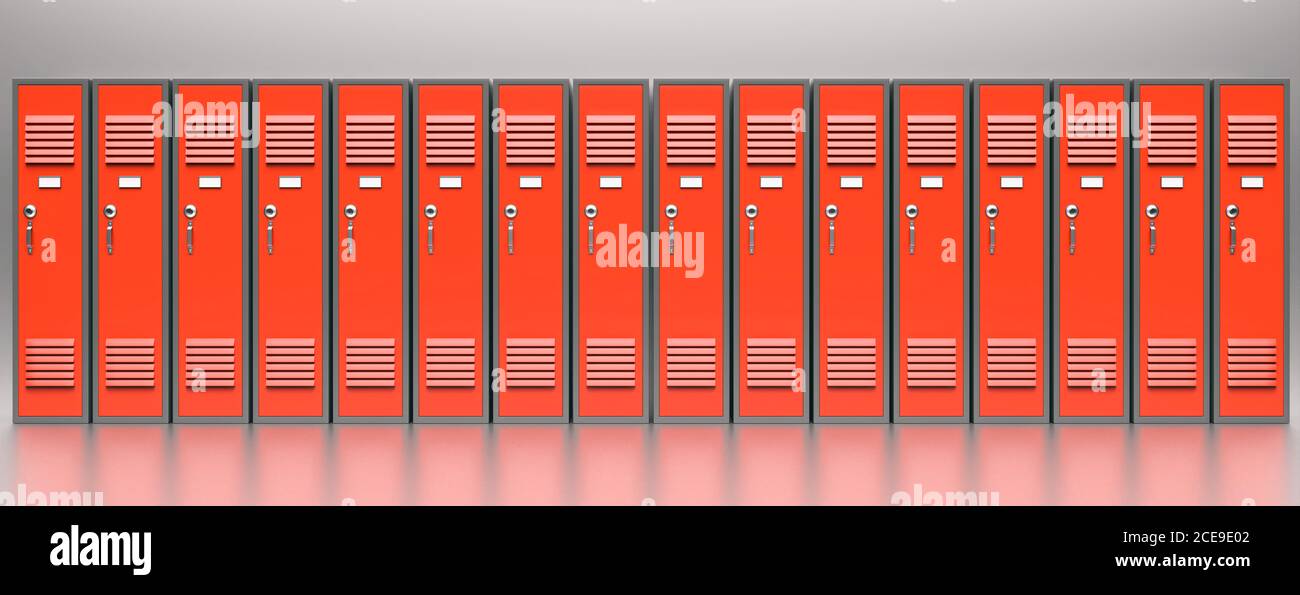 School, gym lockers front view, banner. Students storage cabinets, red orange color, closed metal doors with combination locks, gray color wall and fl Stock Photo