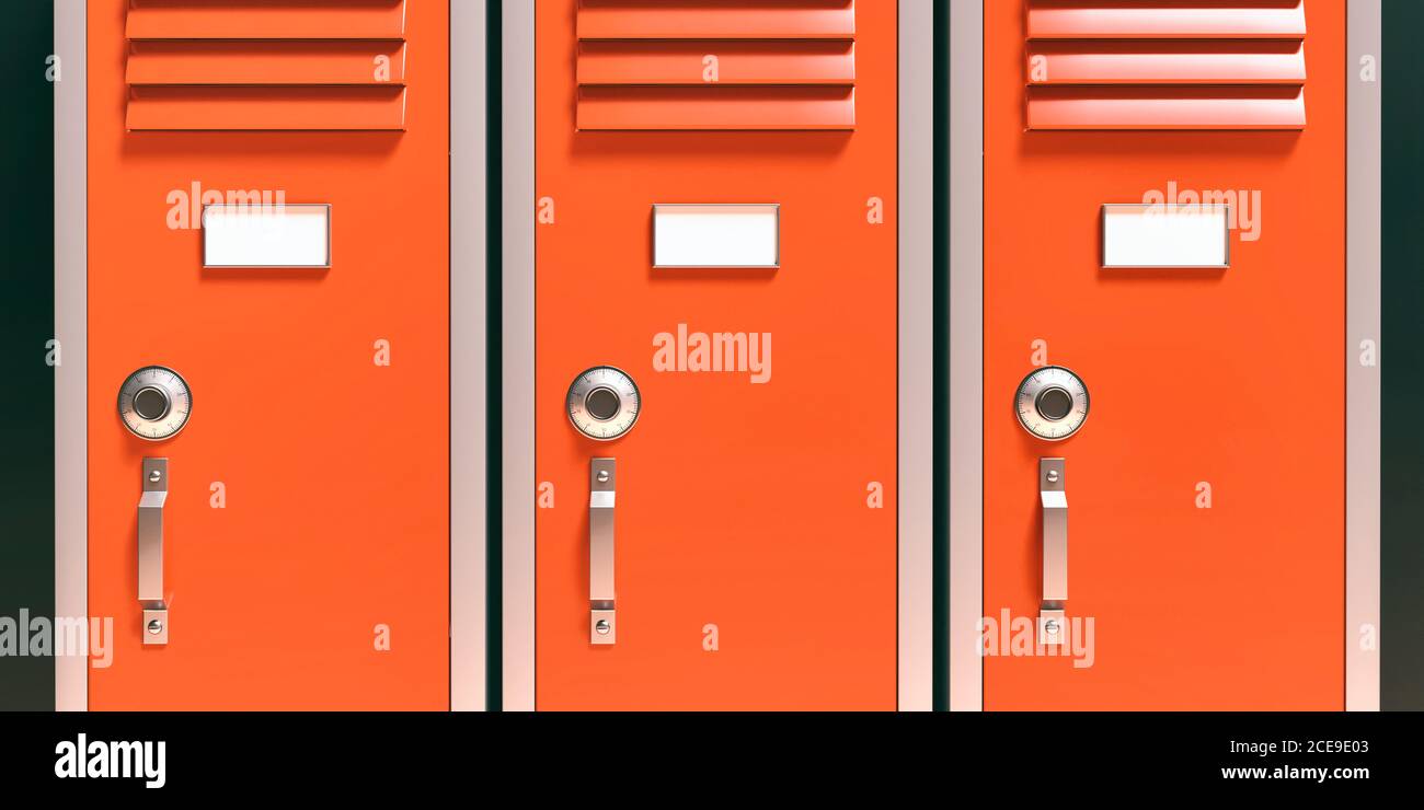 School, gym lockers close up. Students storage cabinets, orange red color, closed metal door detail with combination locks and blank white tag. 3d ill Stock Photo