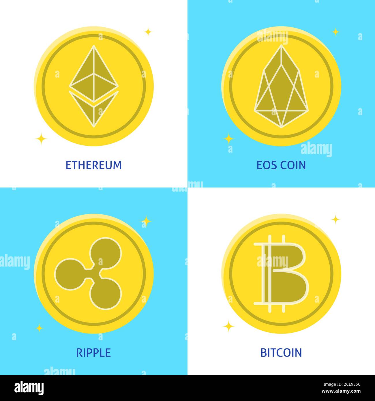 Cryptocurrency icon set in flat style. Altcoins and bitcoin. Ethereum ETH, Ripple and EOS digital coins. Vector illustration. Stock Vector