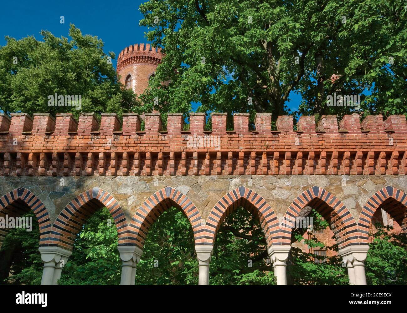Neogothic crenellations and arches at Castle at Kamieniec Ząbkowicki in Lower Silesia region, Poland Stock Photo