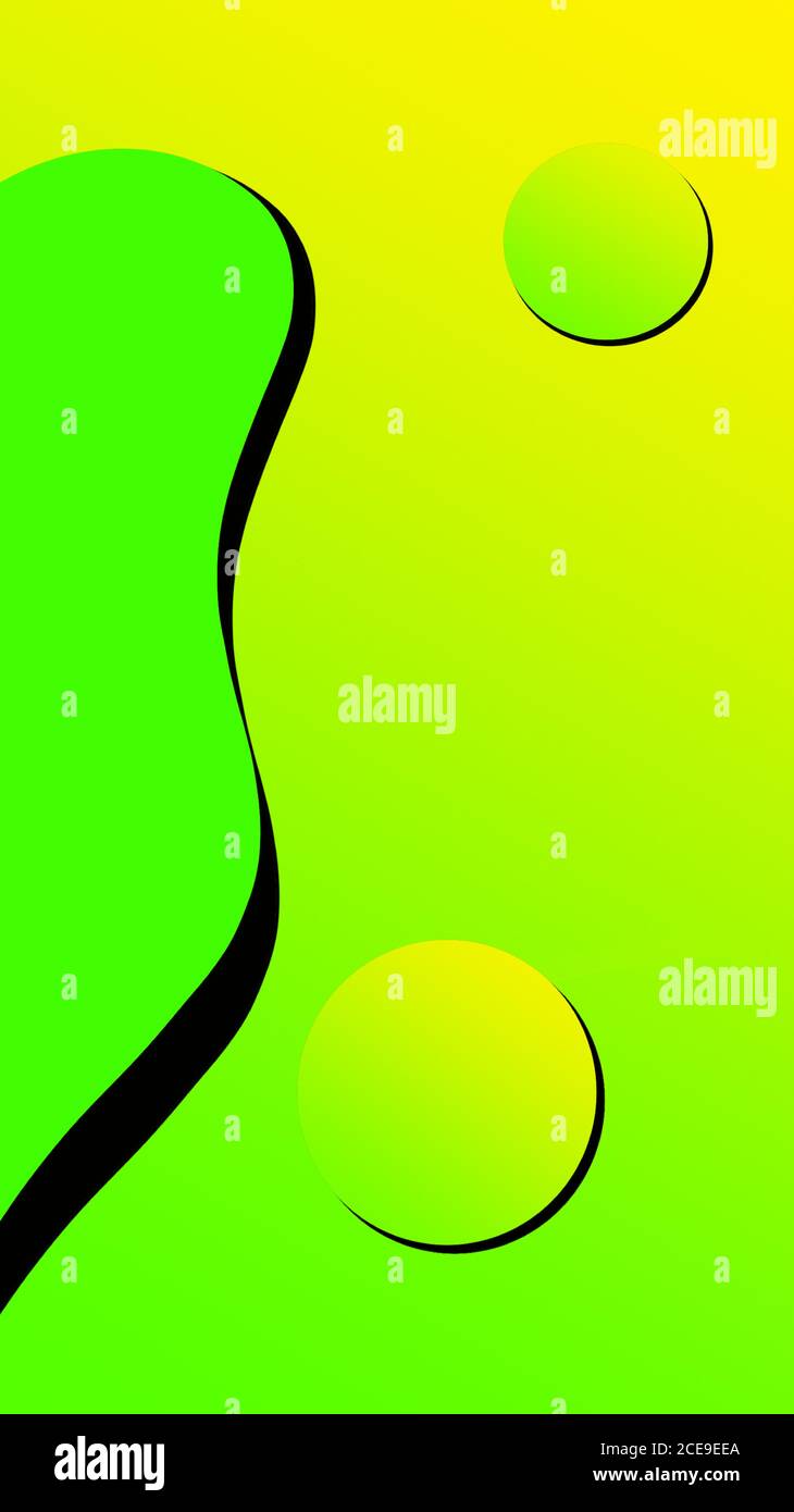 A simple green yellow gradient bubbles on green yellow gradient background with liquid shapes and black shadow or border. Vector. Stock Vector