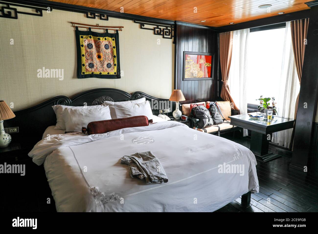 The luxurious interior of a cabin on board the 'Dragon Legend' luxury ...