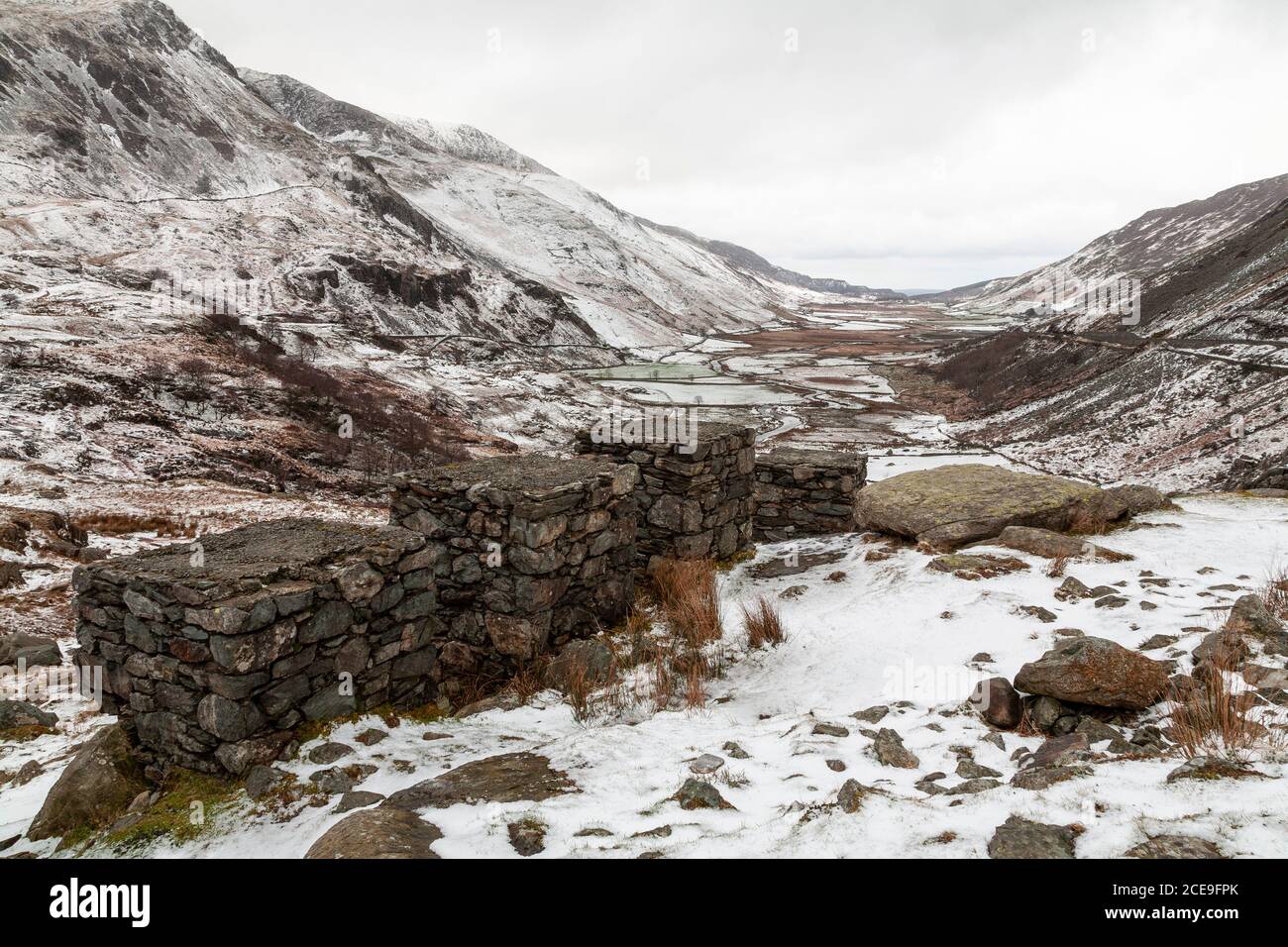 Winter snow at Nant Ffrancon, Snowdonia, North Wales Stock Photo