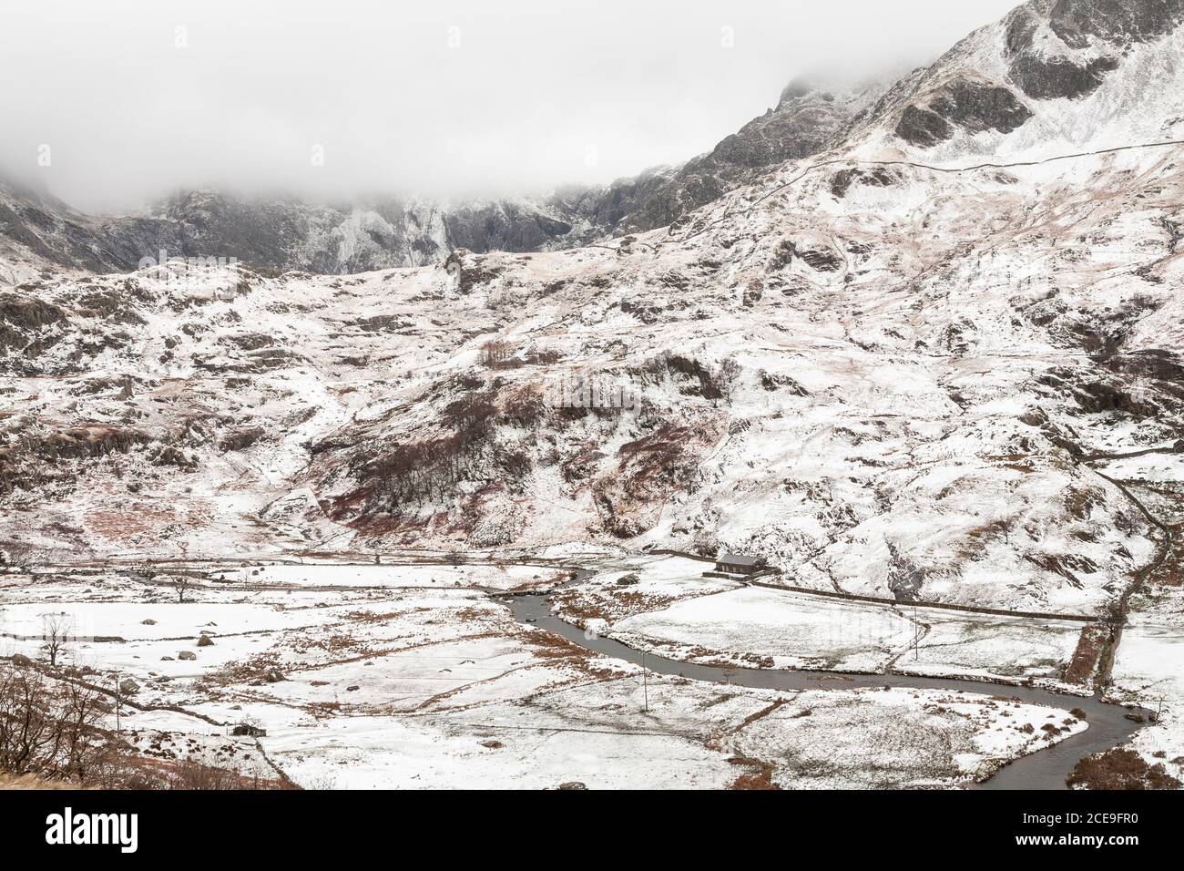 Winter snow at Nant Ffrancon, Snowdonia, North Wales Stock Photo