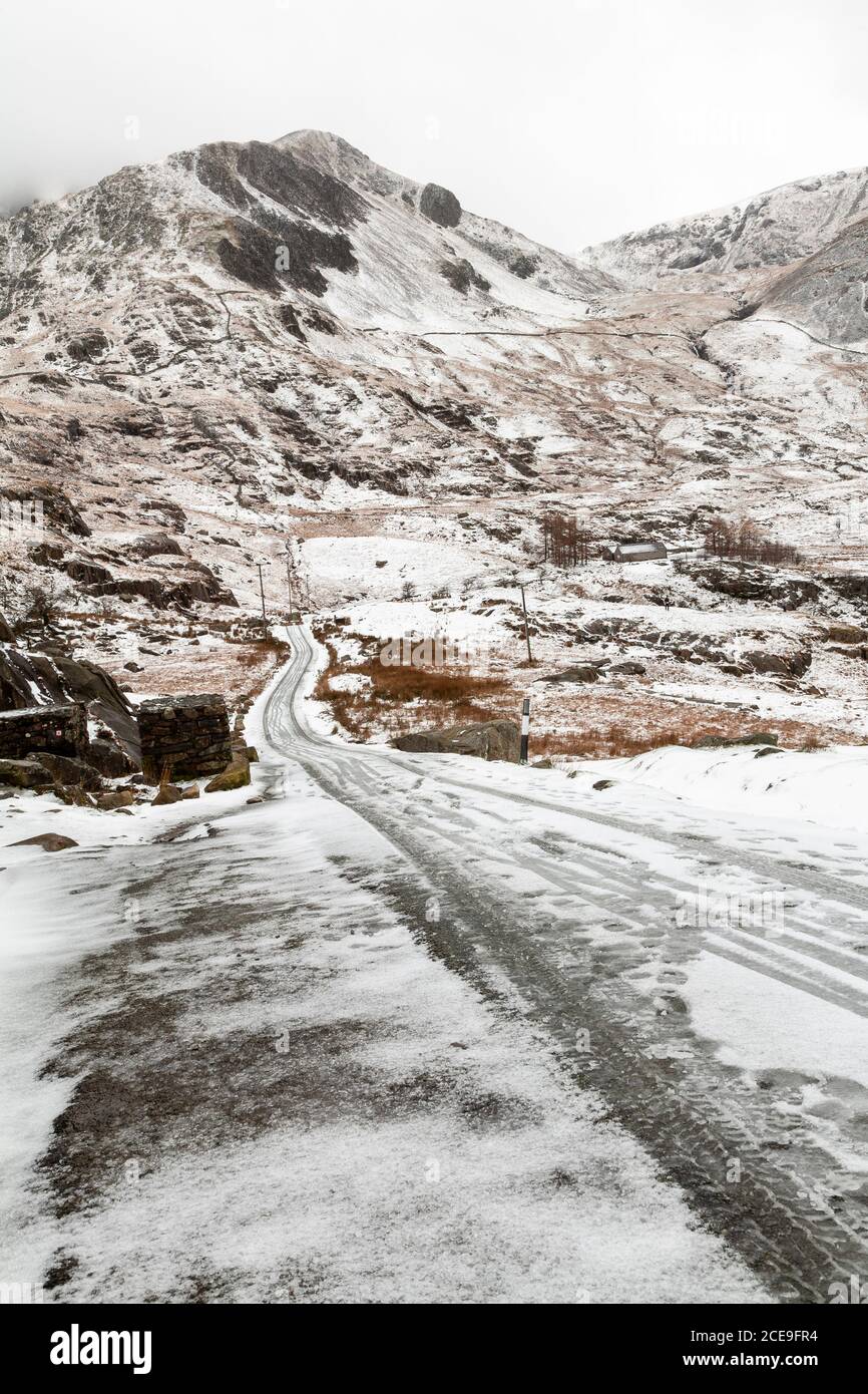 Winter snow at Nant Ffrancon, Snowdonia, North Wales Stock Photo