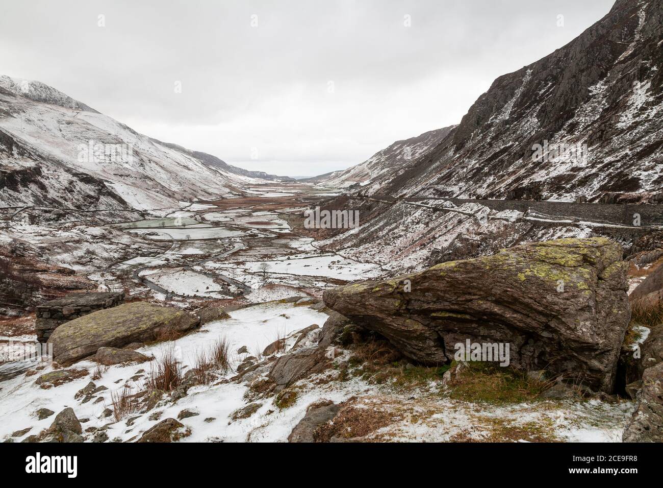 Winter snow at Nant Ffrancon, Snowdonia, North Wales Stock Photo