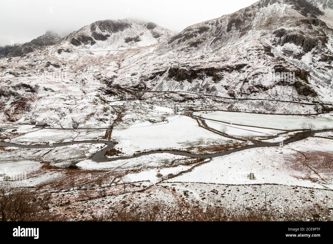 Winter snow at Nant Ffrancon, Snowdonia, North Wales Stock Photo