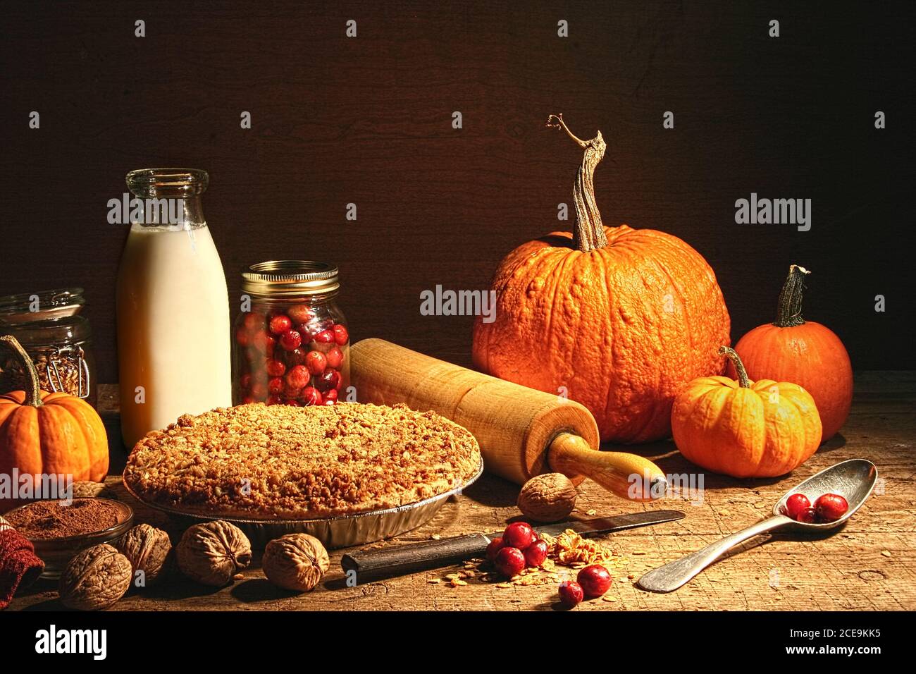 Still life of autumn fruits and and crumble pie on Stock Photo