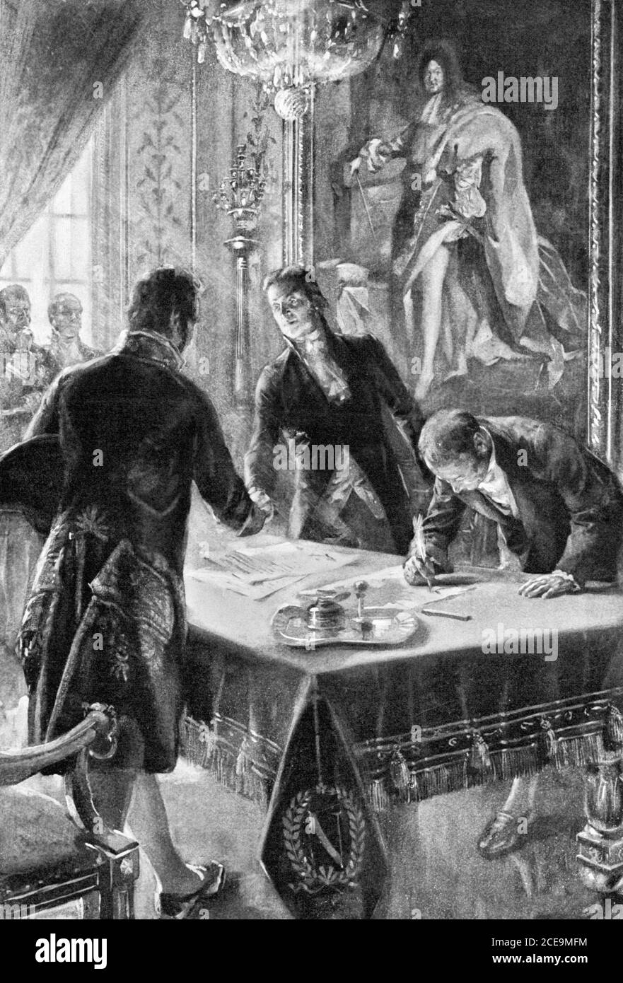 Louisiana Purchase. The signing of the Louisiana Purchase Treaty by Marbois, Livingston, and Monroe, engraving by H Davison, 1903. The image shows the signing of the treaty by President James Monroe, François Barbé-Marbois and Robert Livingston Stock Photo