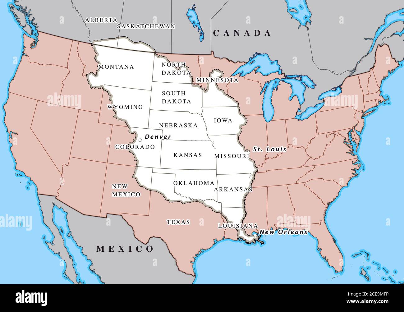 Louisiana Purchase. Map showing the territories (highlighted in white) purchased by the United States from France in April 1803 Stock Photo