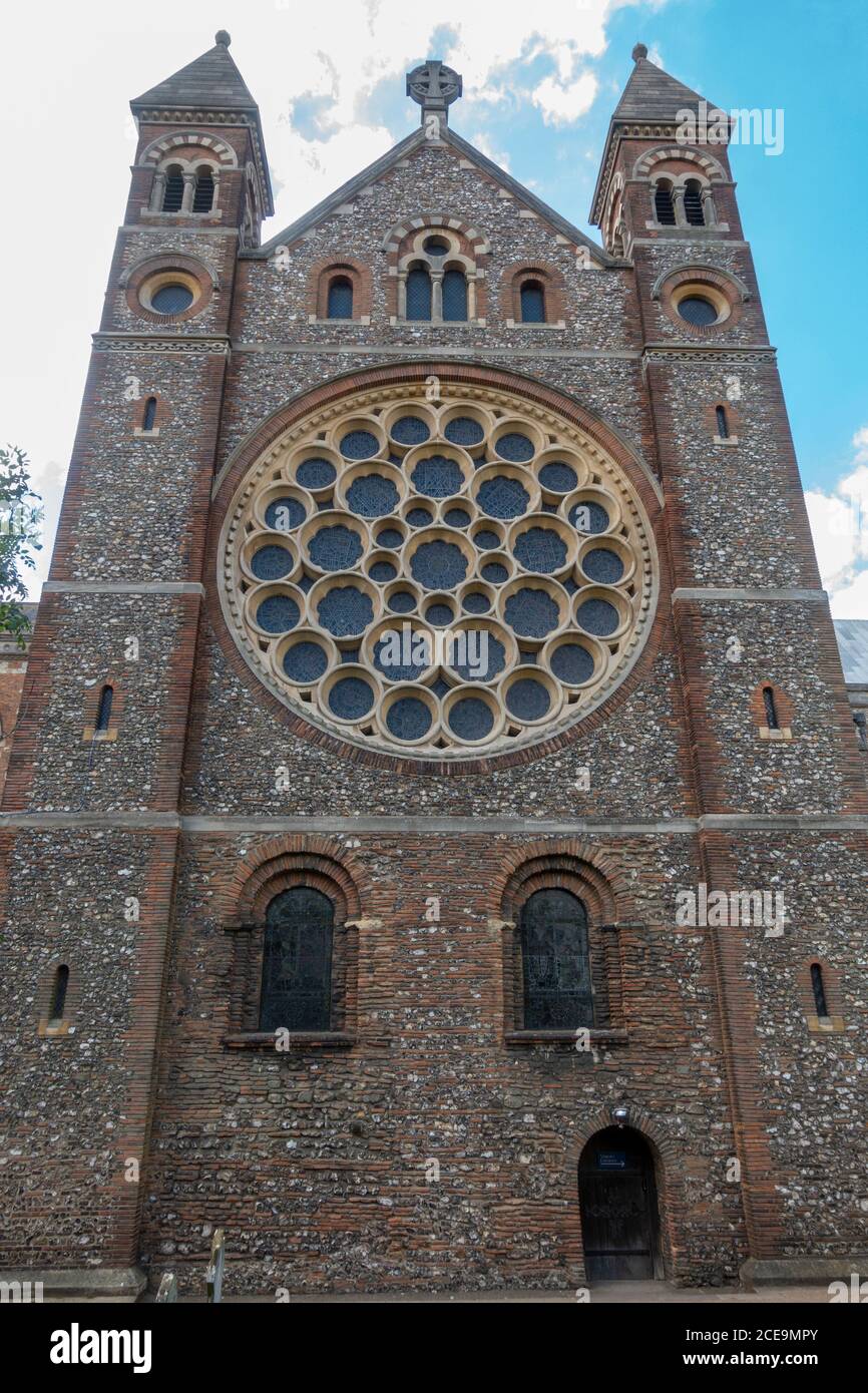 Exterior view of the Rose Window, The Cathedral & Abbey Church of Saint Alban, St Albans, Hertfordshire, UK. Stock Photo