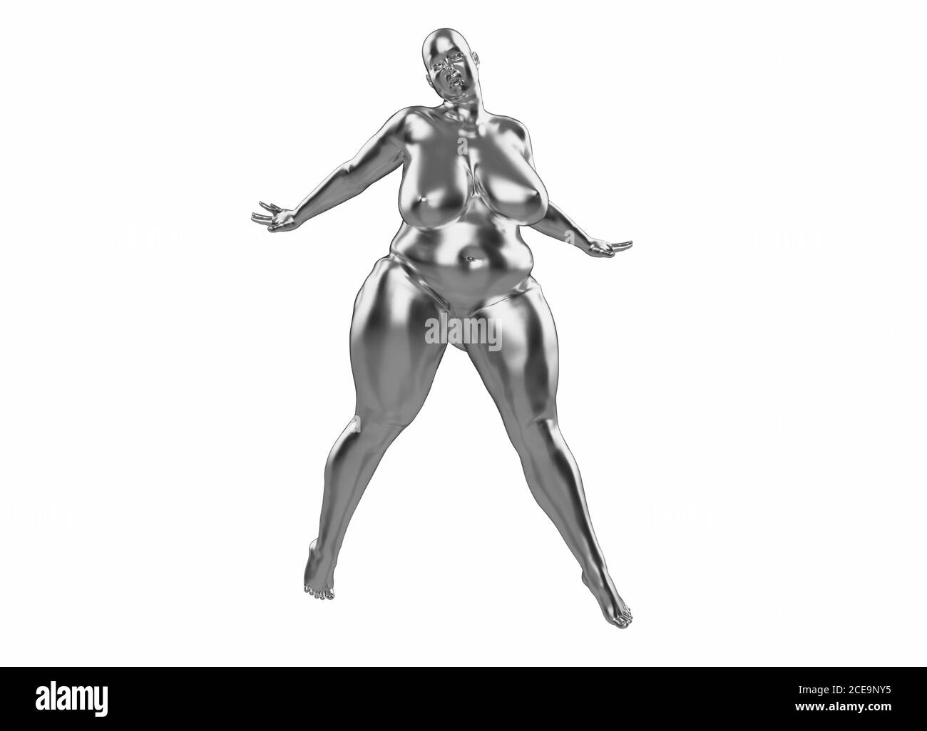 Fat girl made of silver. She stands spreading legs and arms in different directions. 3d illustration Concept. Example of obesity Stock Photo