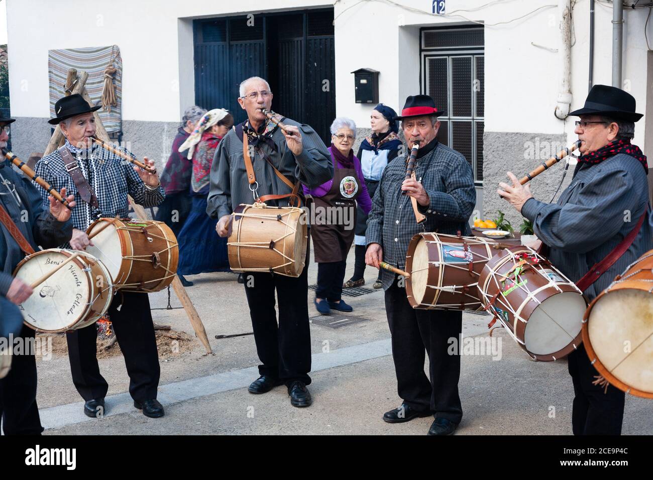 VALDASTILLAS, SPAIN - Nov 23, 2019: Feast of representation of the slaughter of the pig with traditional music, market and roast of chops on the barbe Stock Photo