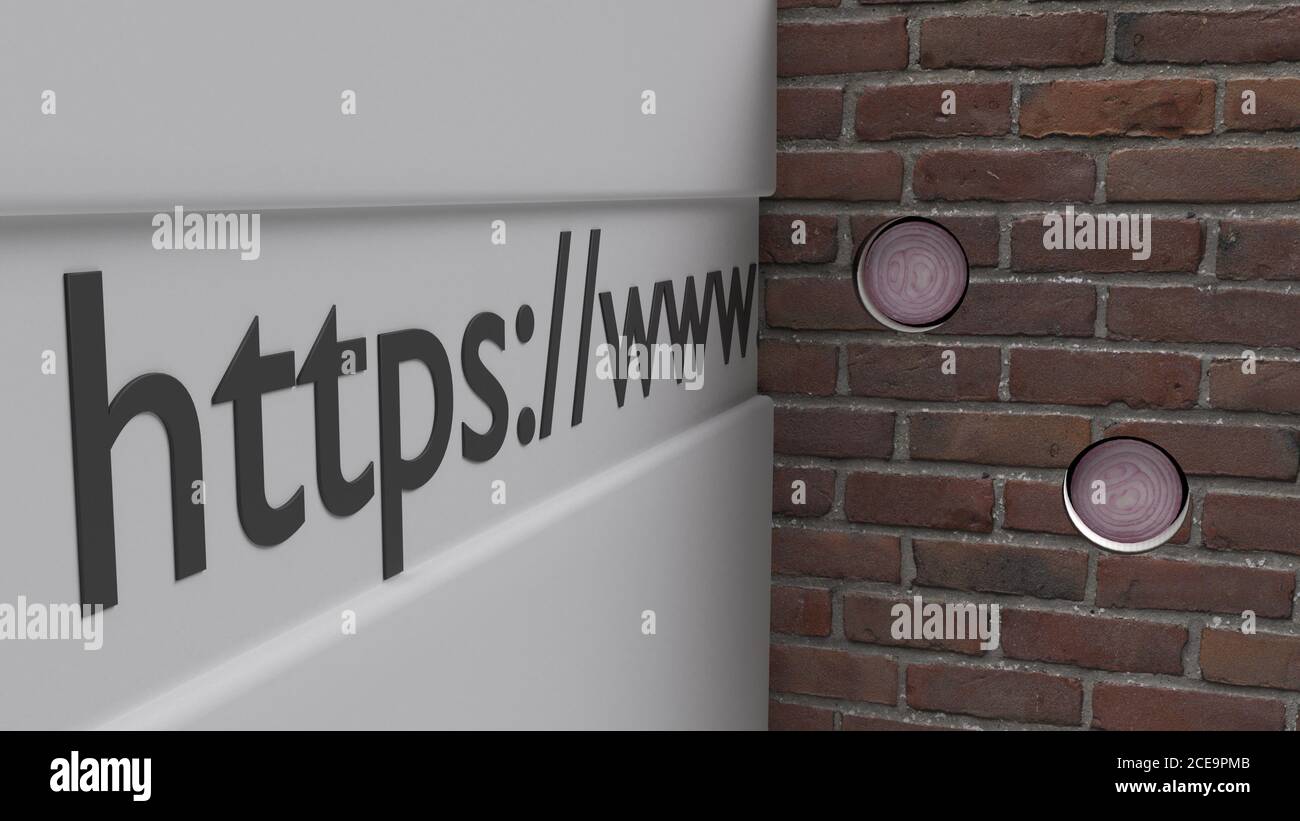 Censored blocked internet via brick wall and onion alternatives connection path 3d illustration Stock Photo