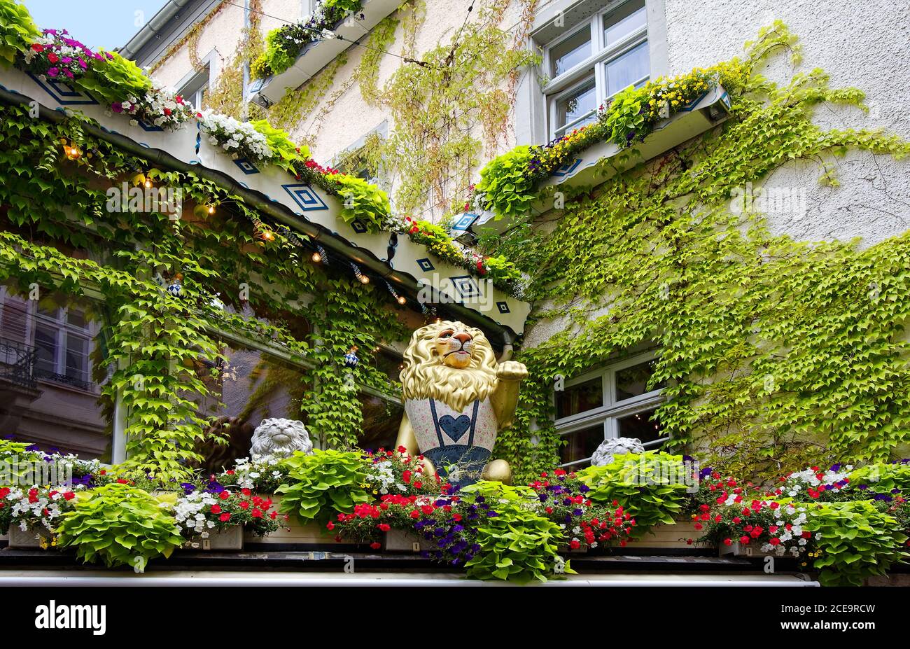 attractive building; ivy, flowers; three lion statues; 1 stylized; Europe, Baden Baden; Germany Stock Photo