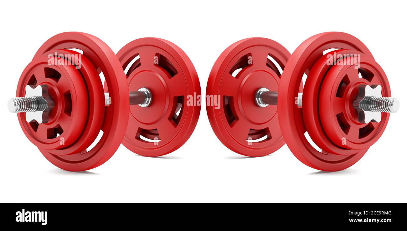 two red dumbbells isolated on white background Stock Photo