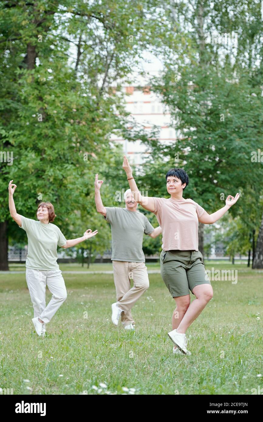 Energetic healthy senior couple with finger circles practicing qigong with instructor in park Stock Photo