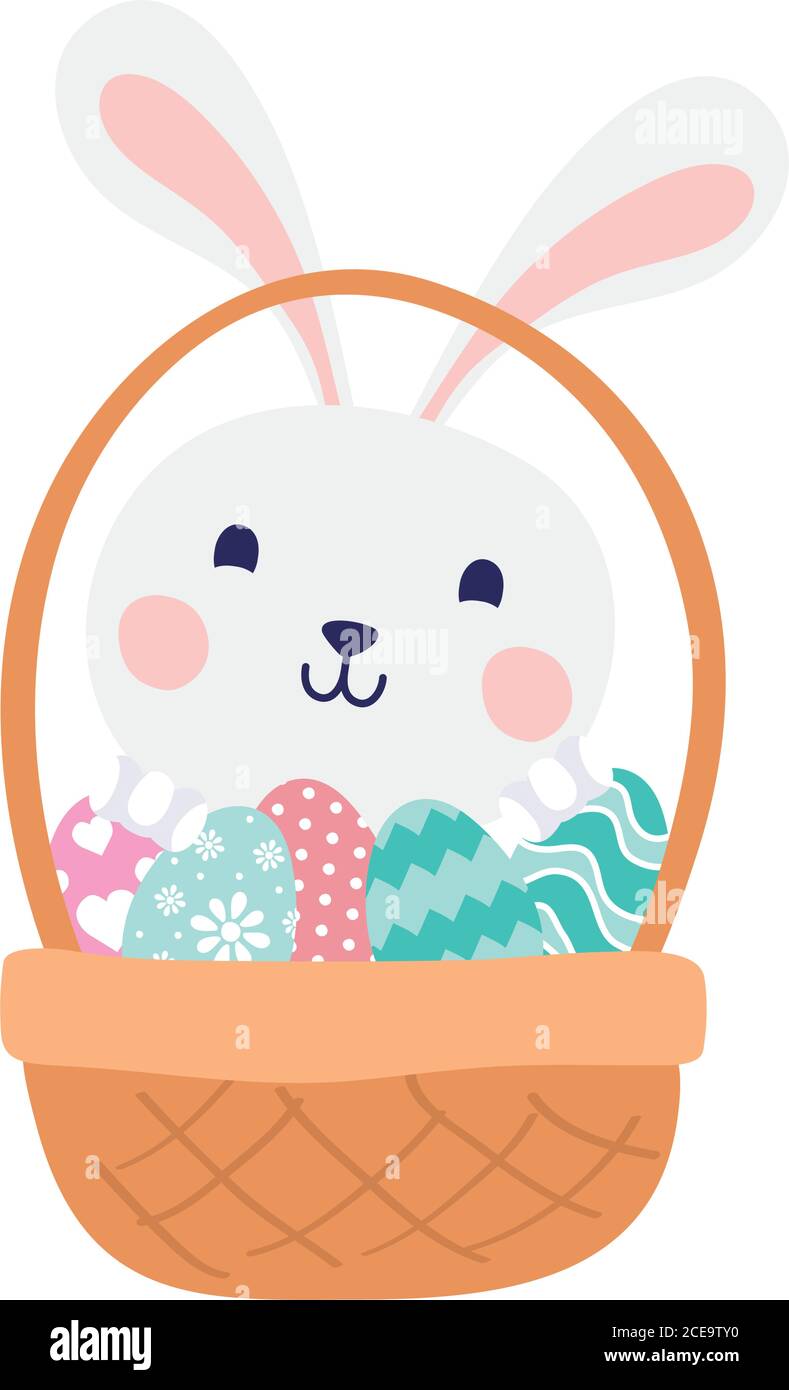 cute rabbit with eggs painted in basket easter character vector ...