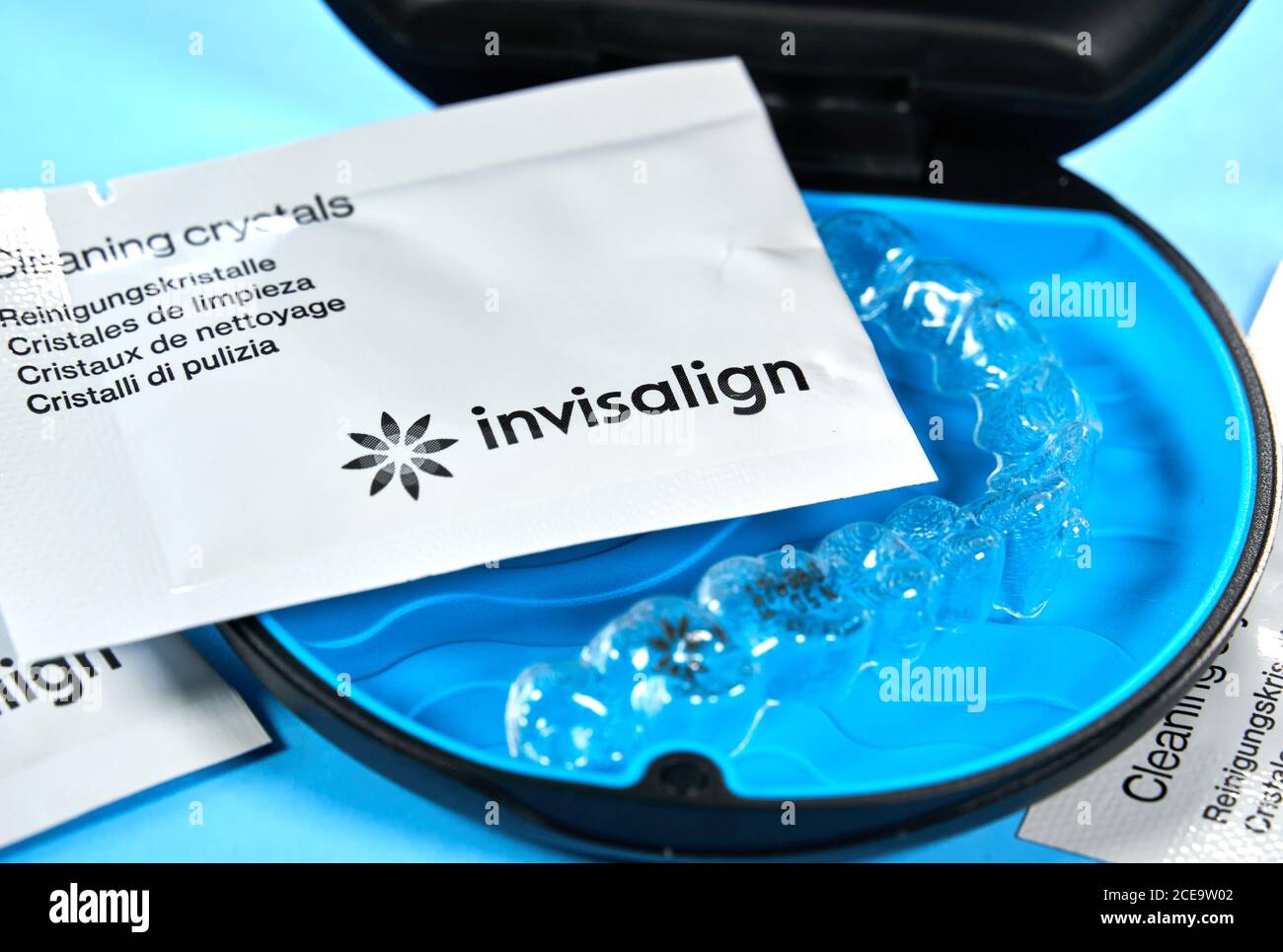 Montreal, Canada - August 28, 2020: Align aligners with cleaning crystals in box. Invisalign are plastic clear aligners know as invisible orthodontics Stock Photo