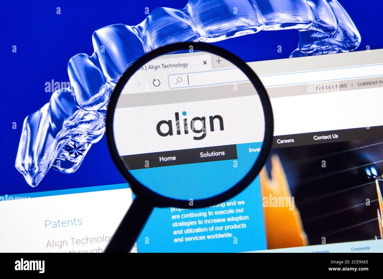 Montreal, Canada - August 28, 2020: Align Technology official site onder magnifying glass. Align Technology is a manufacturer of 3D digital scanners a Stock Photo