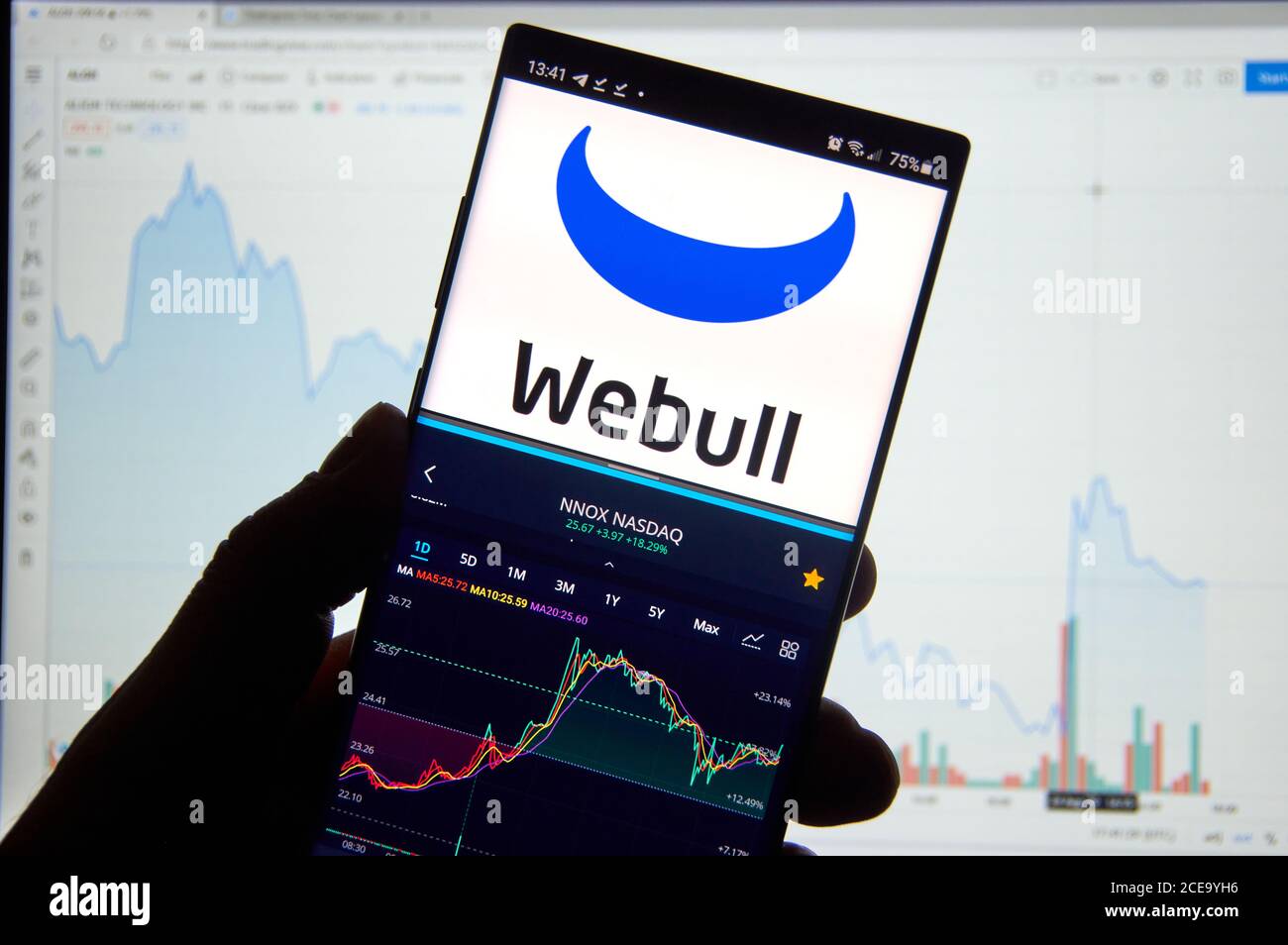 Montreal, Canada - August 28, 2020: Webull stock trading android app on Note 10 screen in a hand over a chart. Webull is a stock trading mobile app th Stock Photo