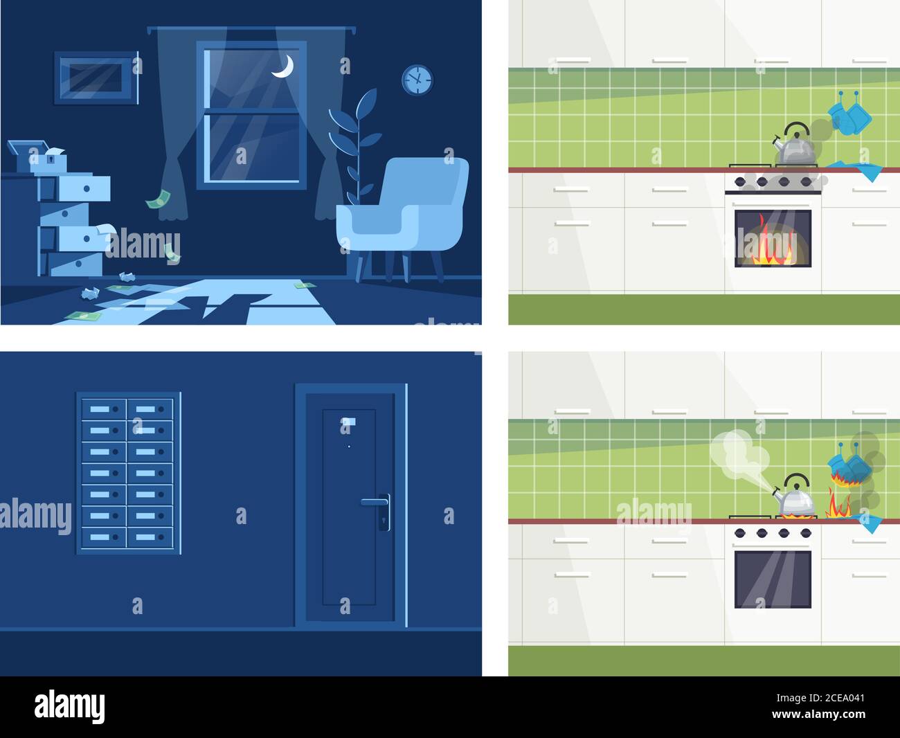 Homeplace accidents semi flat vector illustration set Stock Vector