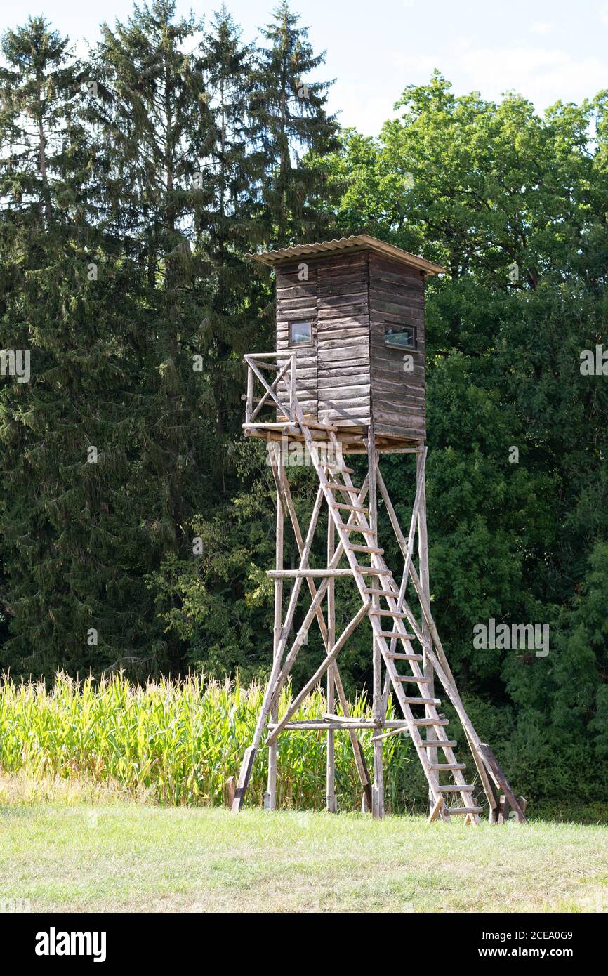 Closed hunting pulpit raised hide - Germany Stock Photo