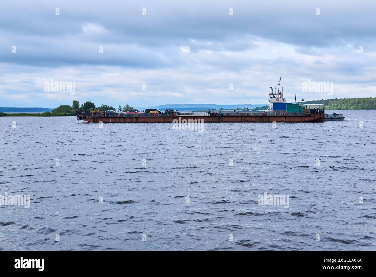 Perm Krai, Russia - Juiy 31, 2020: ferry crossing on the Kama river Stock Photo