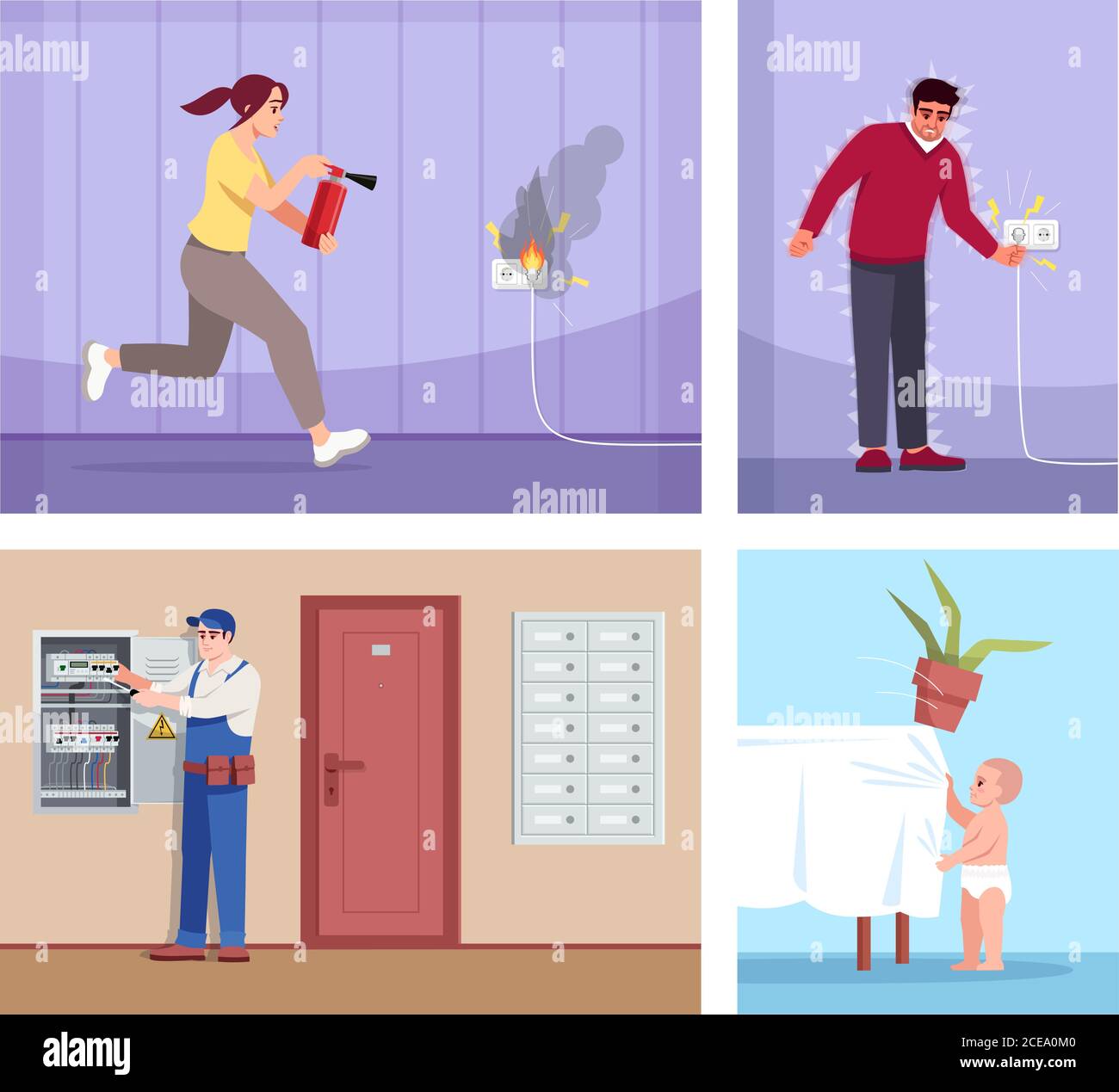 Household incidents semi flat vector illustration set Stock Vector
