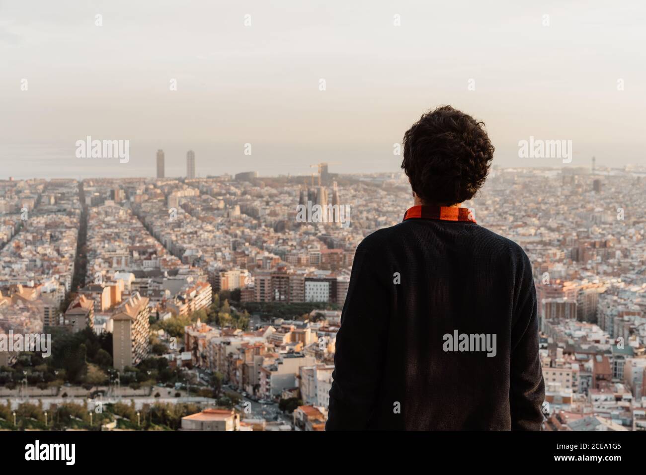 Back view of male in casual outfit admiring view of majestic metropolis and gray sky Stock Photo