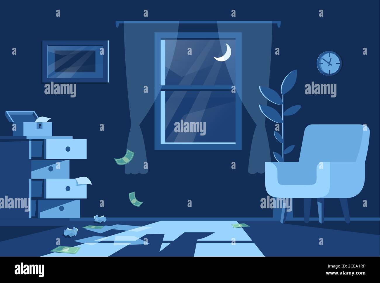 Living room night view semi flat vector illustration Stock Vector