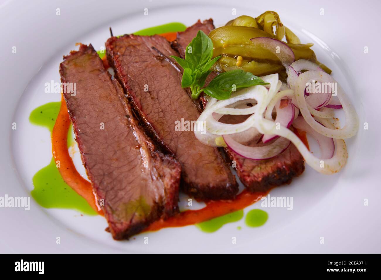 Beef Brisket Classic Texas Smoked BBQ Traditional Texas Smoke House Beef Brisket barbecue. Rubbed with spiced and slow smoked in a classic Texas smoke Stock Photo