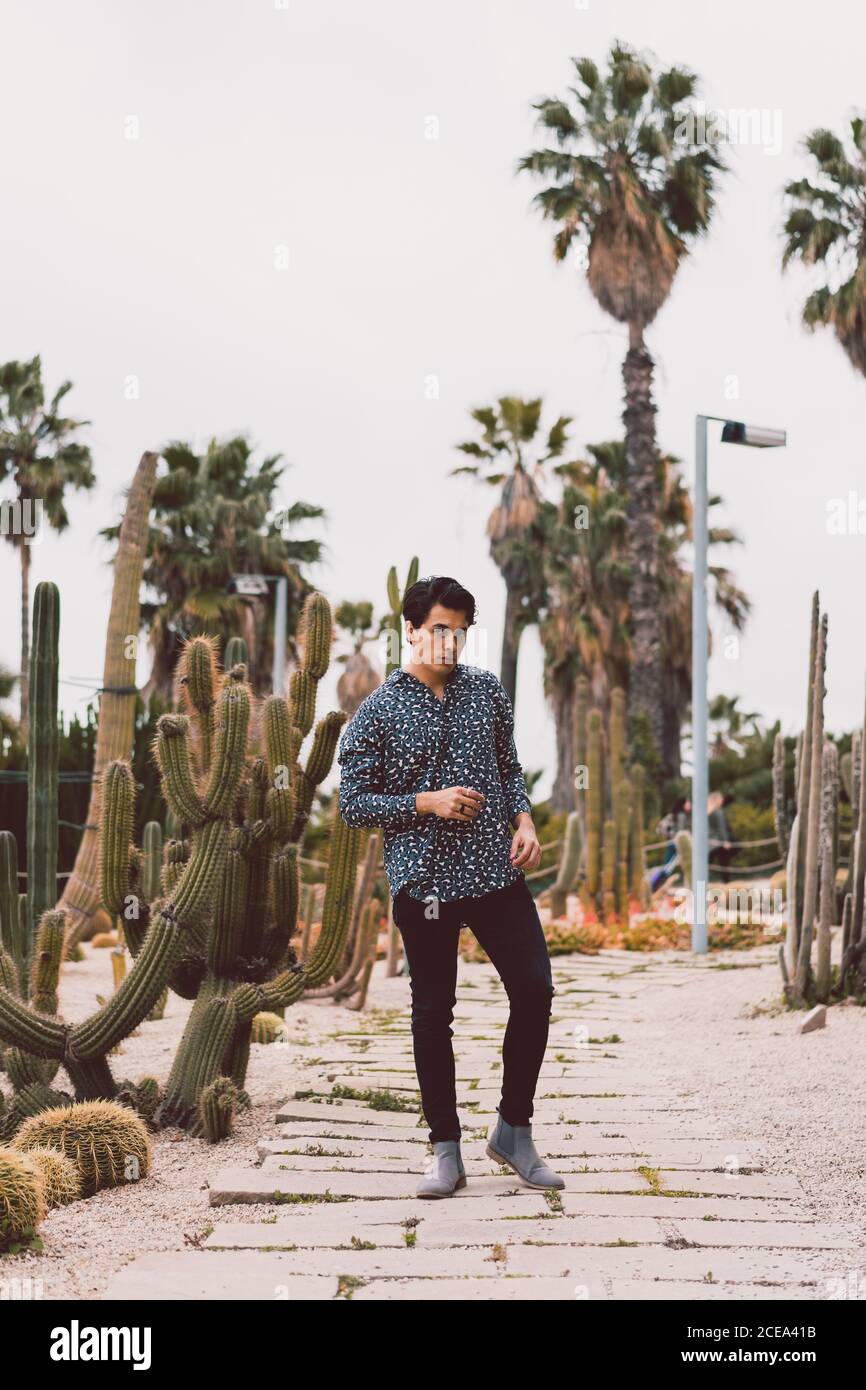 Young man posing at cactus Stock Photo