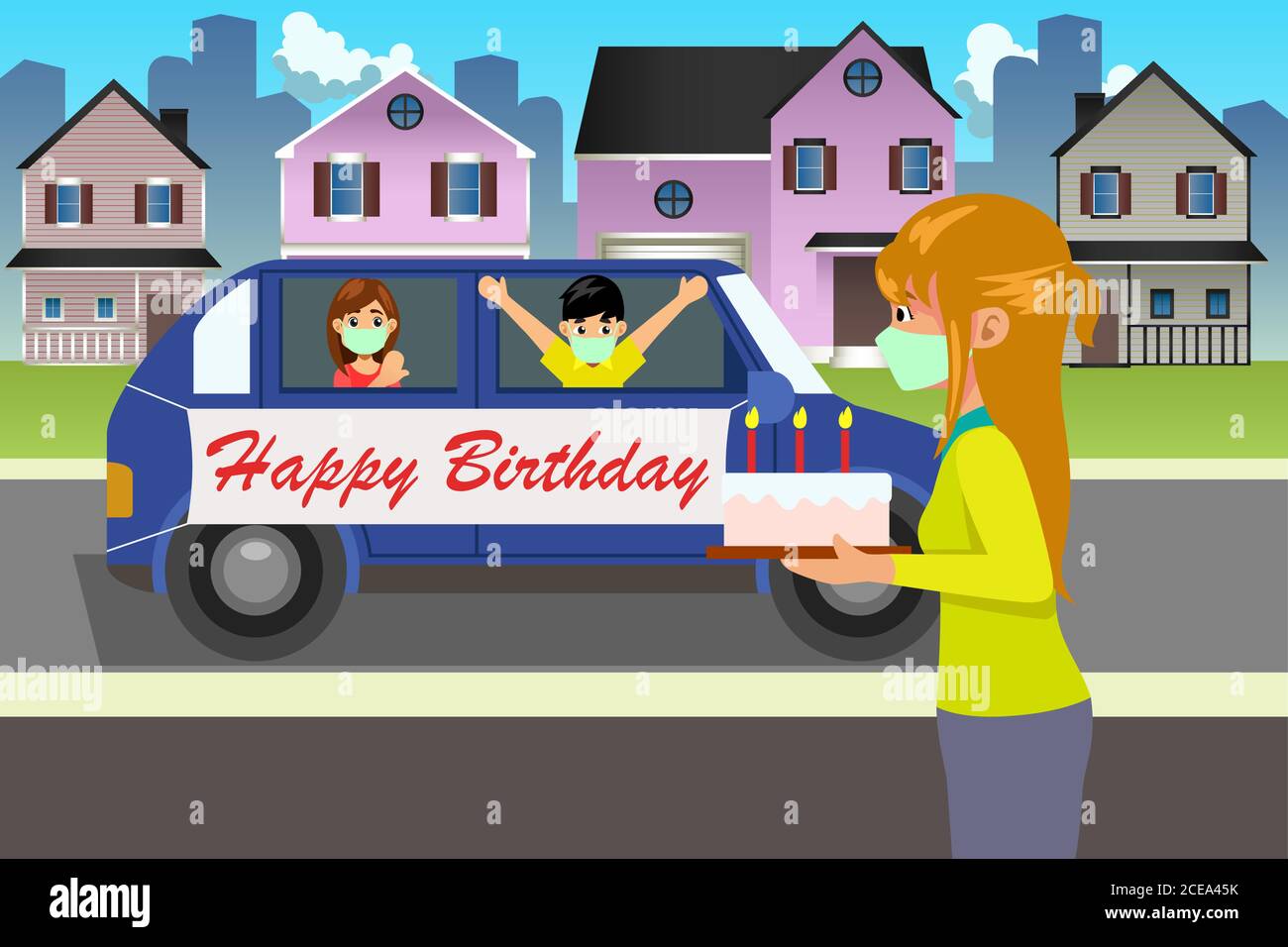 A vector illustration of Friends Celebrating Birthday During Pandemic Stock Vector