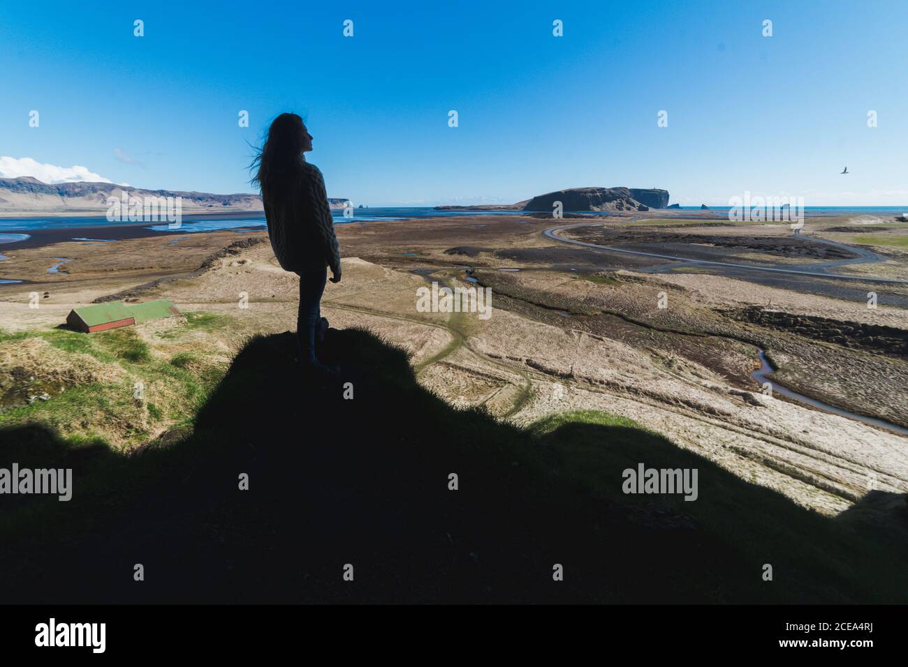 Back view of female silhouette looking at magnificent Icelandic landscape from hill Stock Photo
