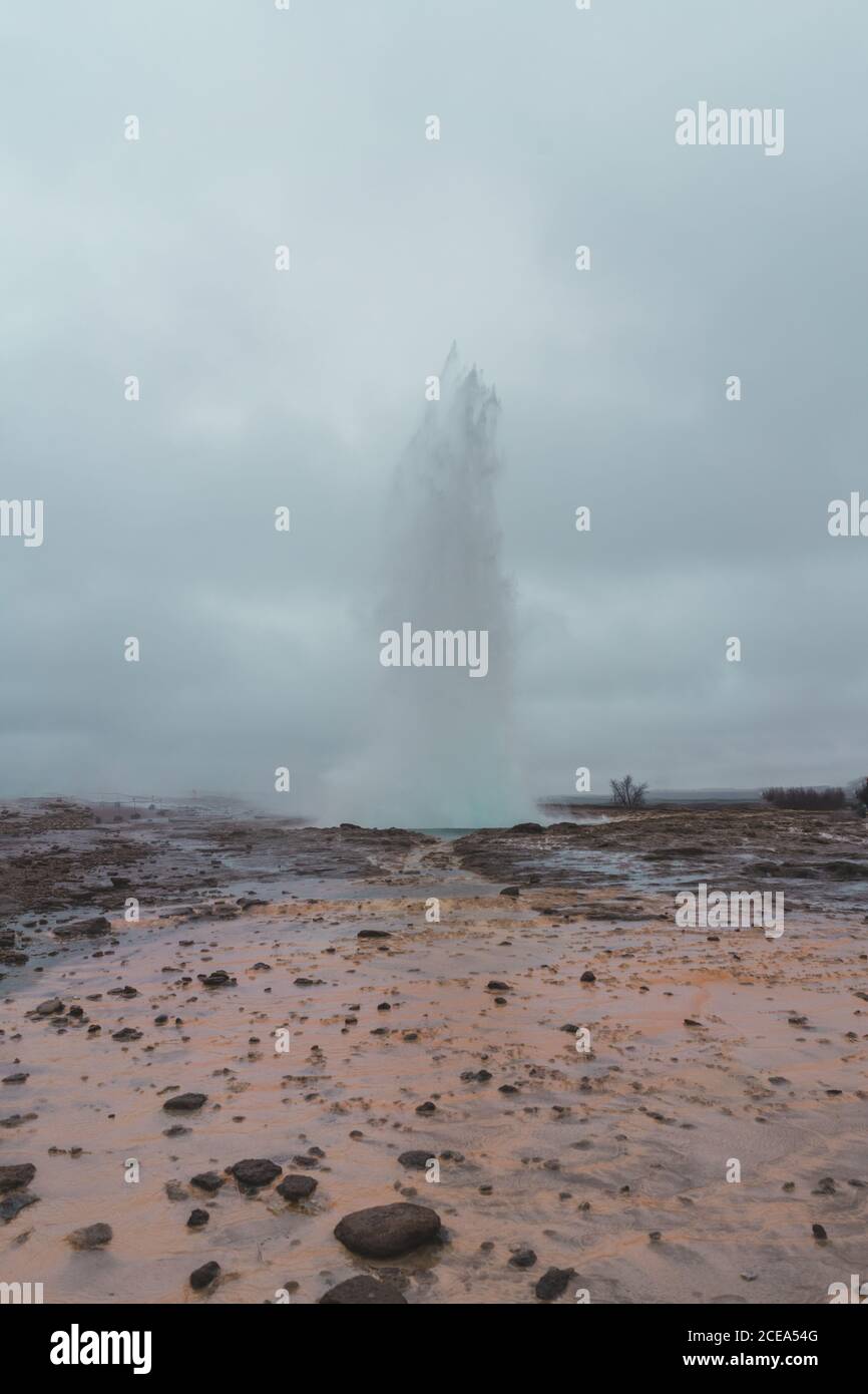 Breathtaking view of bursting powerful geyser in magnificent Iceland