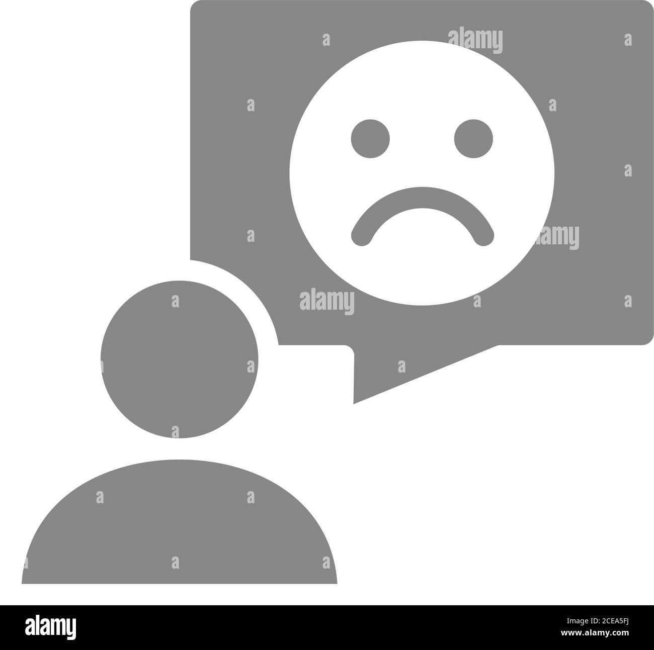 Person with speech bubble and sad face gray icon. Feedback