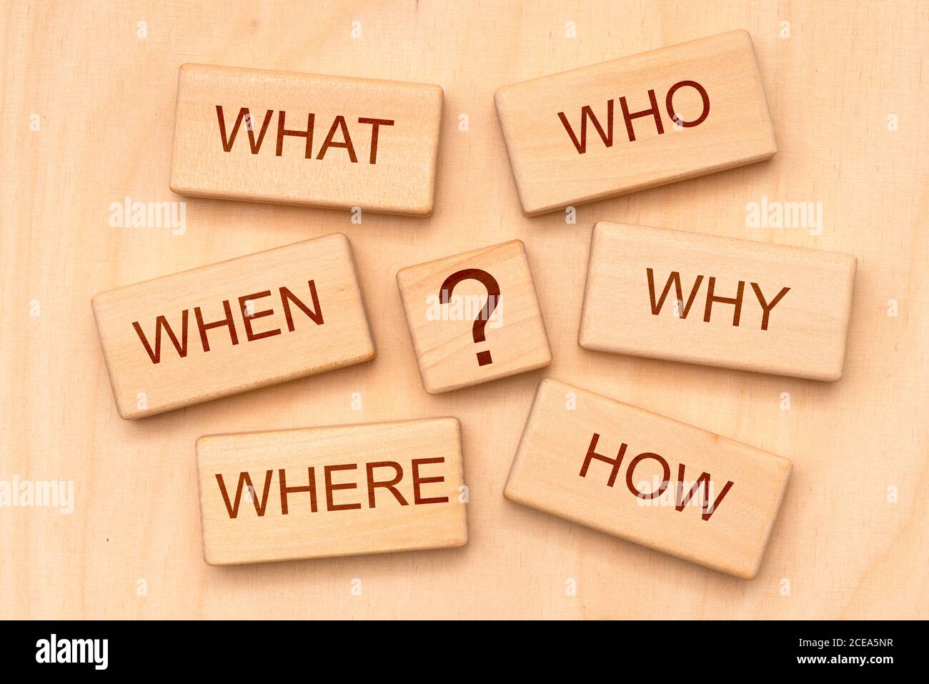 W-questions as basic for journalism printed on cubes Stock Photo