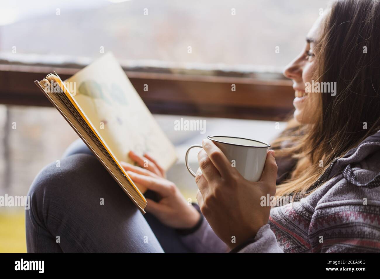 Side view of young lady with mug of fresh hot drink reading interesting book while sitting near huge window in cozy room Stock Photo