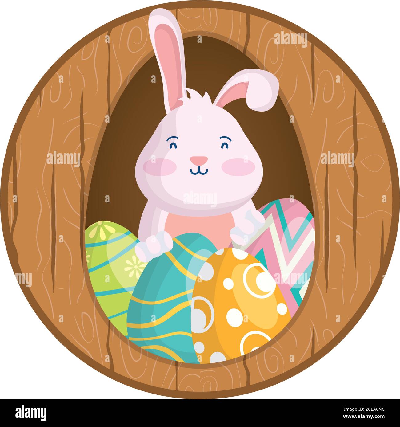cute easter little rabbit with eggs painted in wooden frame vector ...