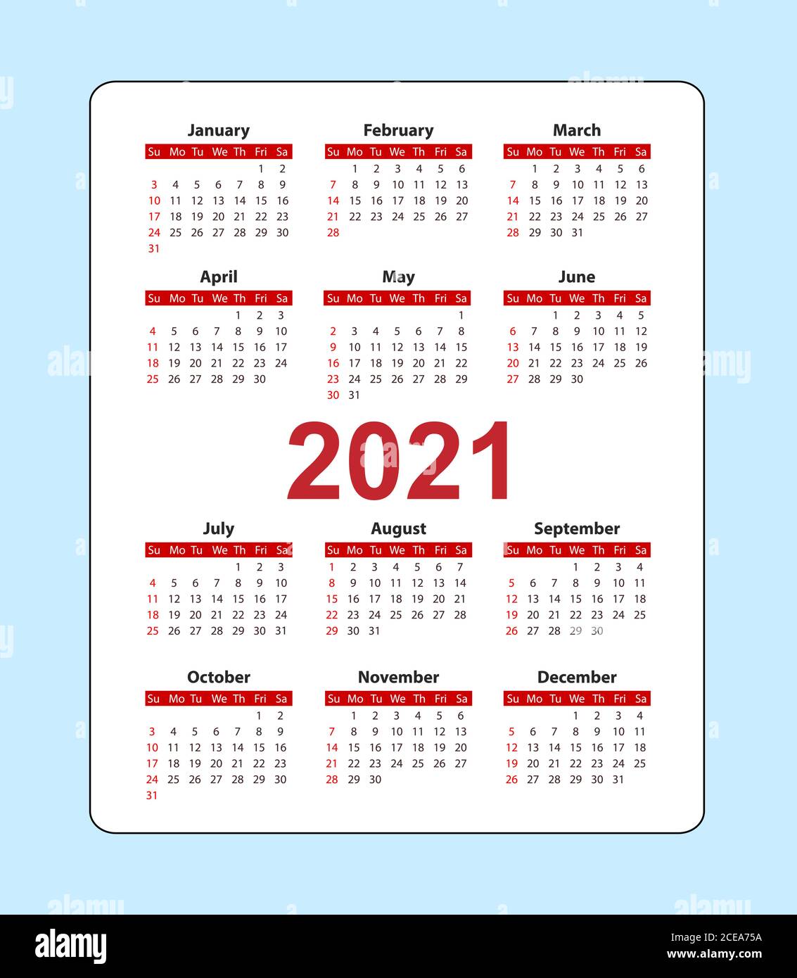 Vertical Pocket Calendar 2021 Year Week Starts From Sunday Vector