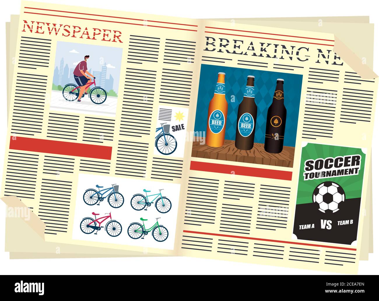 news papers open with beers drink and soccer vector illustration design Stock Vector